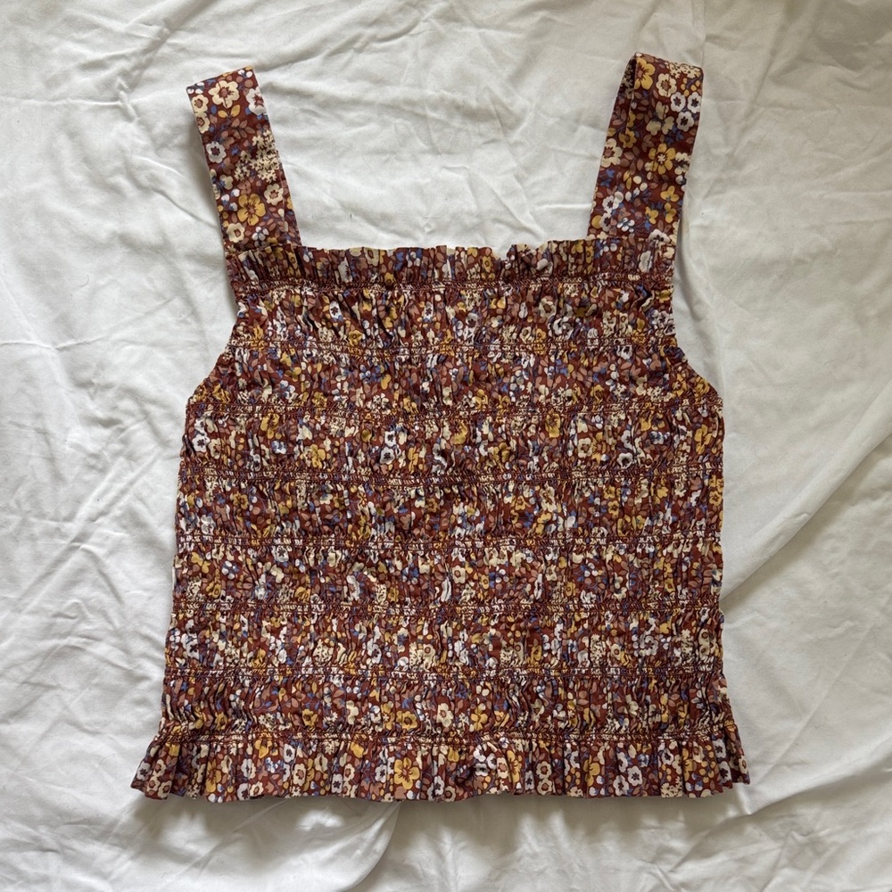 Everlane Floral Smocked Tank Top - Brown and Yellow
